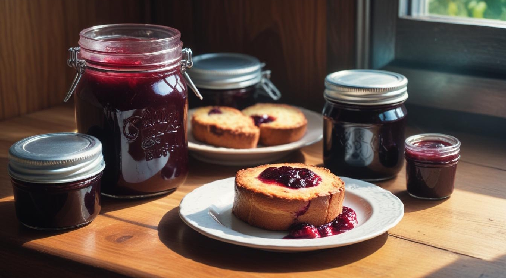 gateau basque et sa confiture de cerises noires sur une table dans une cuisine