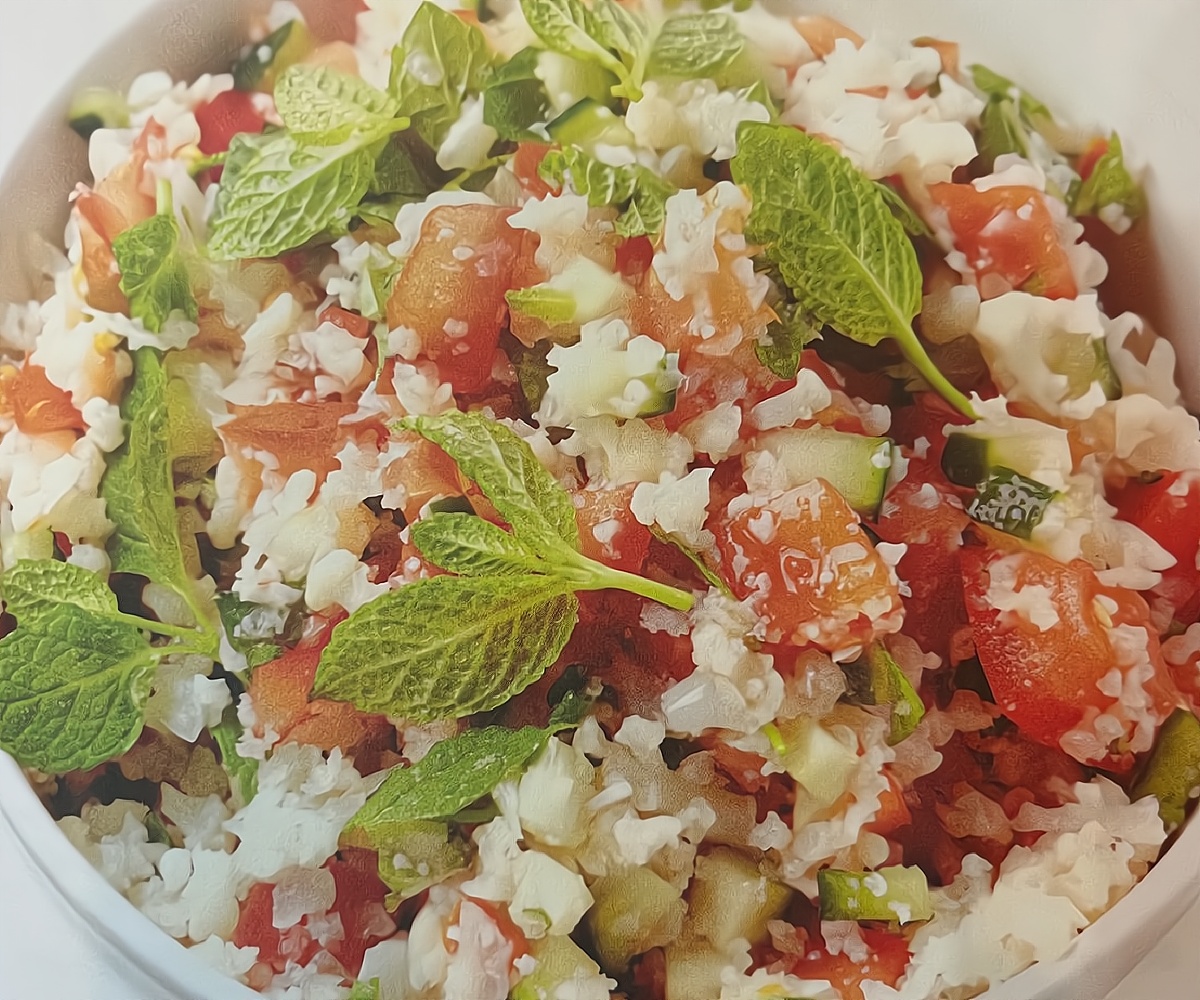 photo d'un taboulé au chou-fleur très coloré avec des tomates et du concombre