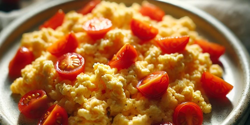 brouillade d'oeuf à la tomate dans une assiette de grès grise